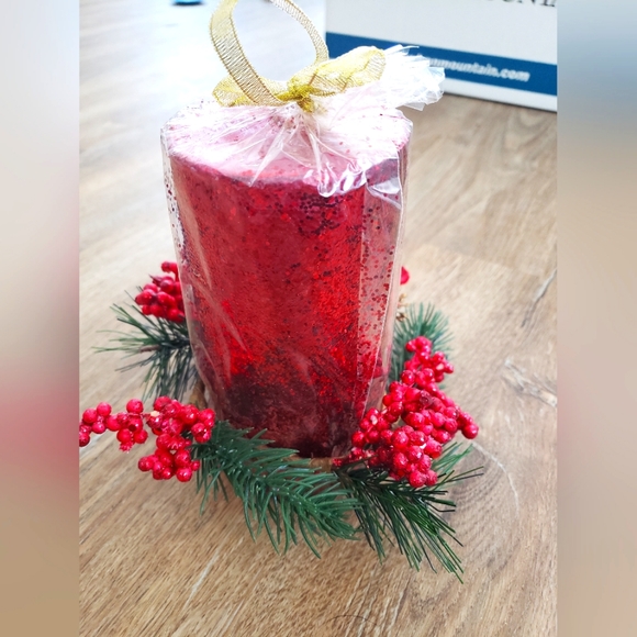 None Other - Christmas Glitter Candle with Pine and Berry Decoration